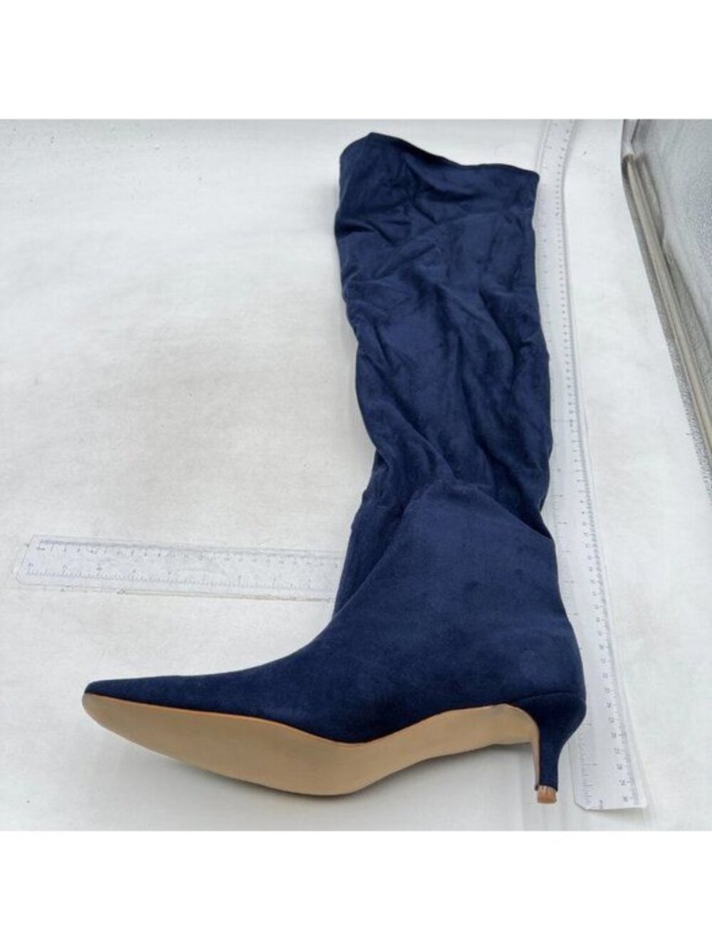 Navy Women Stretchy Knee High Boots Square Toe Low Kitten Heels Long Boots